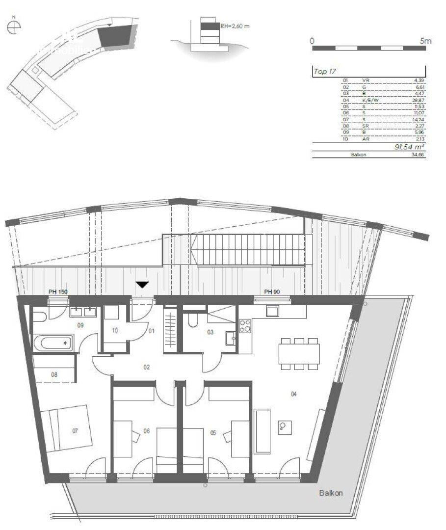 Grundriss einer Wohnung mit Balkon, drei Schlafzimmern und offenem Wohnbereich.