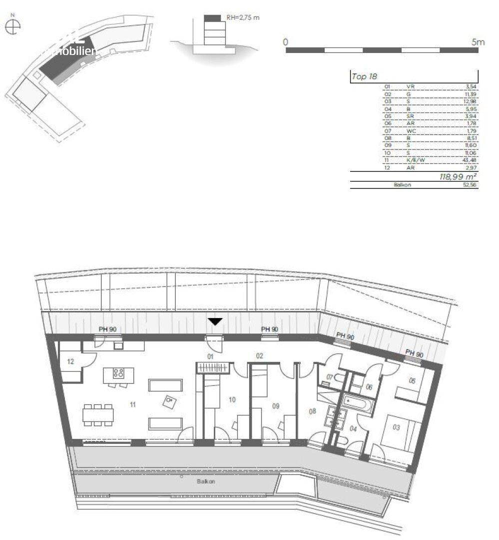 Grundriss einer Wohnung mit offenem Wohnbereich, drei Schlafzimmern und großem Balkon.