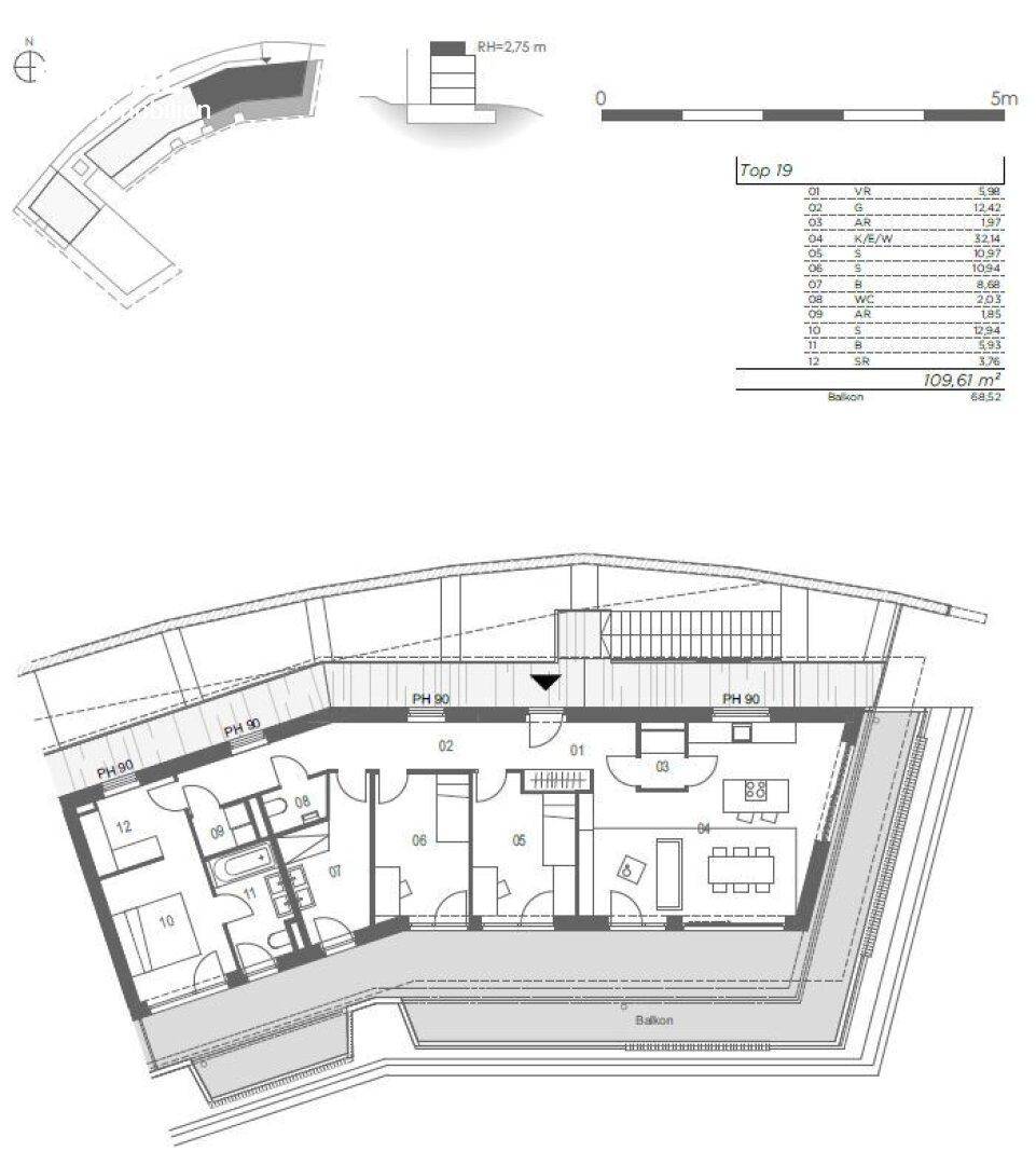 Detaillierter Grundriss einer Wohnung mit Balkon und klar definierter Raumaufteilung.