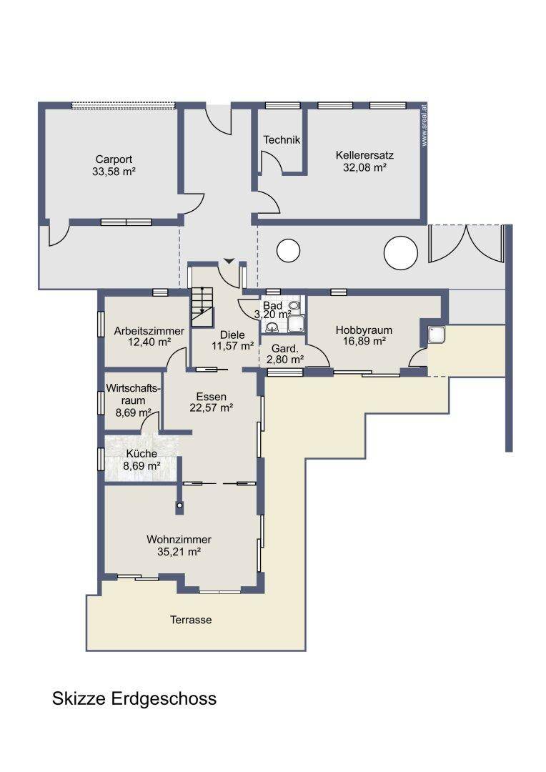 Grundriss des Erdgeschosses mit Wohnzimmer, Küche, Terrasse und Carport.
