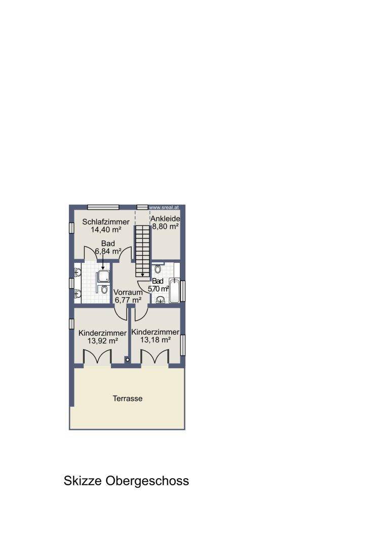Grundriss des Obergeschosses mit Schlafzimmer, zwei Kinderzimmern, zwei Bädern, Ankleide und Terrasse.