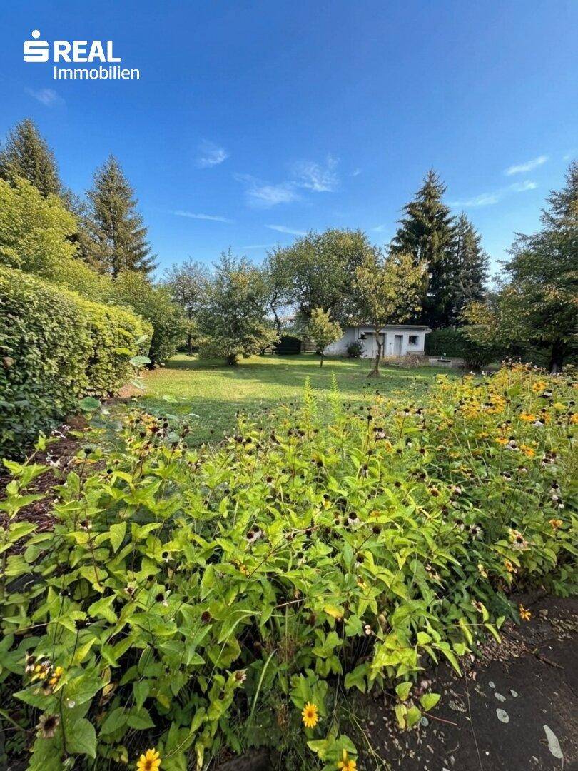 Buntes Blumenbeet im Vordergrund mit Blick auf die weitläufige Rasenfläche und Bäume im Garten.