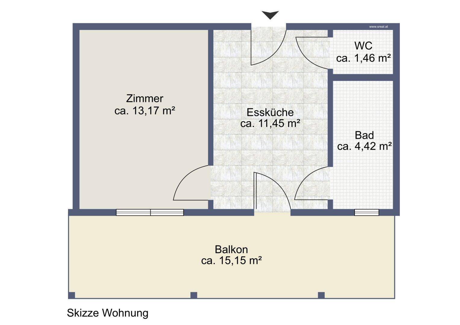 Grundriss einer Wohnung mit Zimmer, Essküche, Bad, WC und großem Balkon.