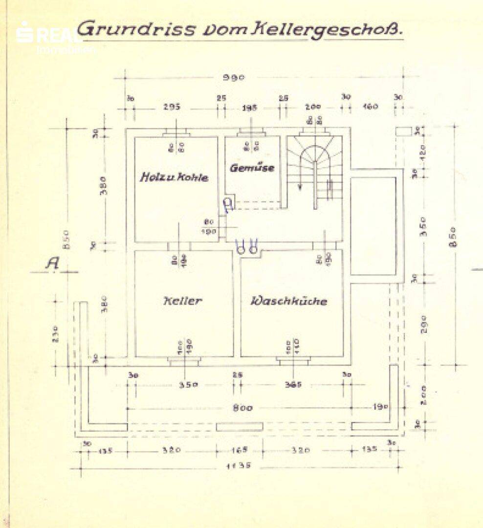 Detaillierter Grundriss des Kellergeschosses mit Räumen für Lagerung und Hauswirtschaft.