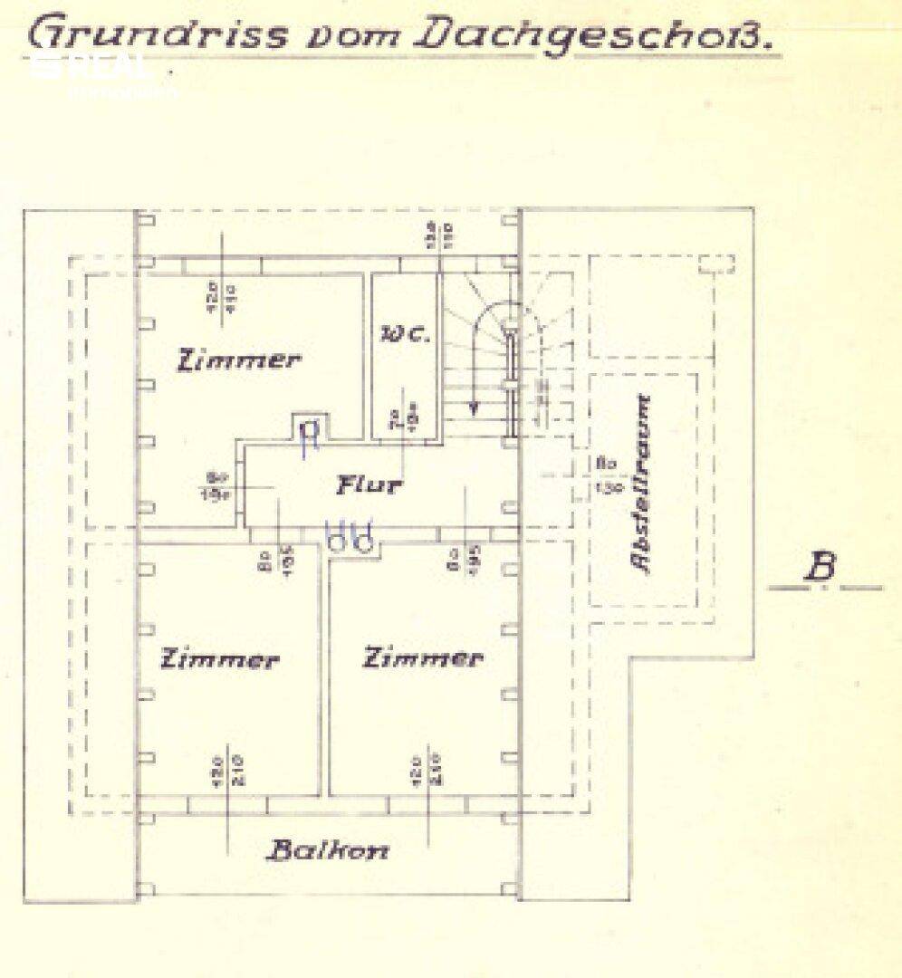Grundriss des Dachgeschosses mit drei Zimmern, WC und Abstellraum.