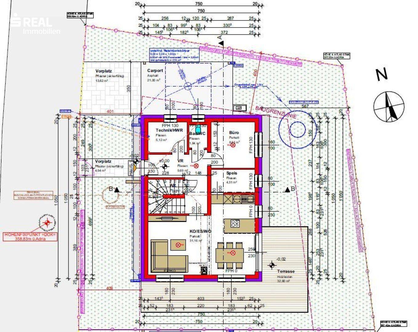 Grundriss des Erdgeschosses mit offenem Wohnbereich, Büro und Terrasse.