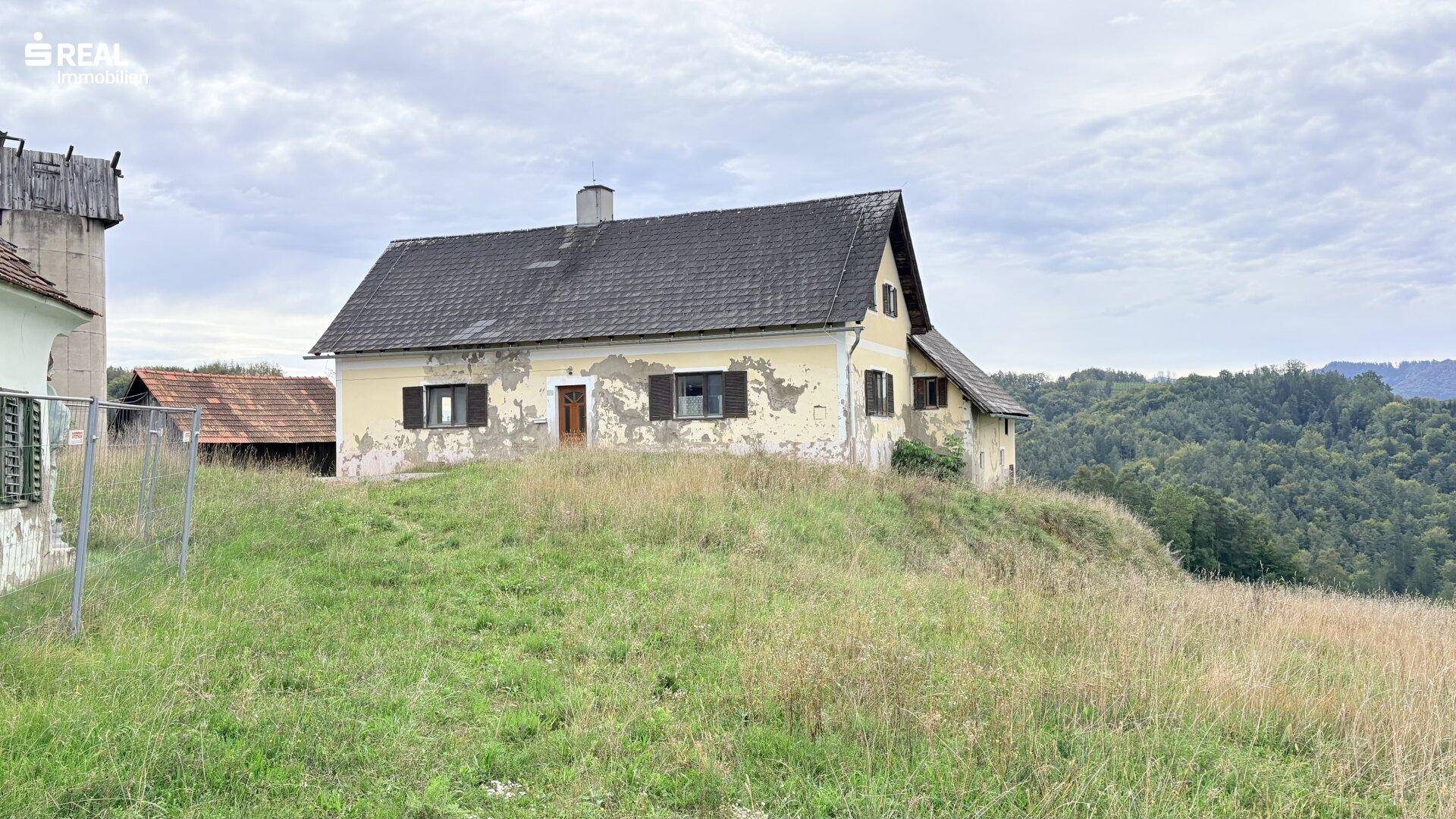 Altes Wohnhaus mit abblätternder Farbe auf einem grasbewachsenen Hügel, umgeben von Natur.