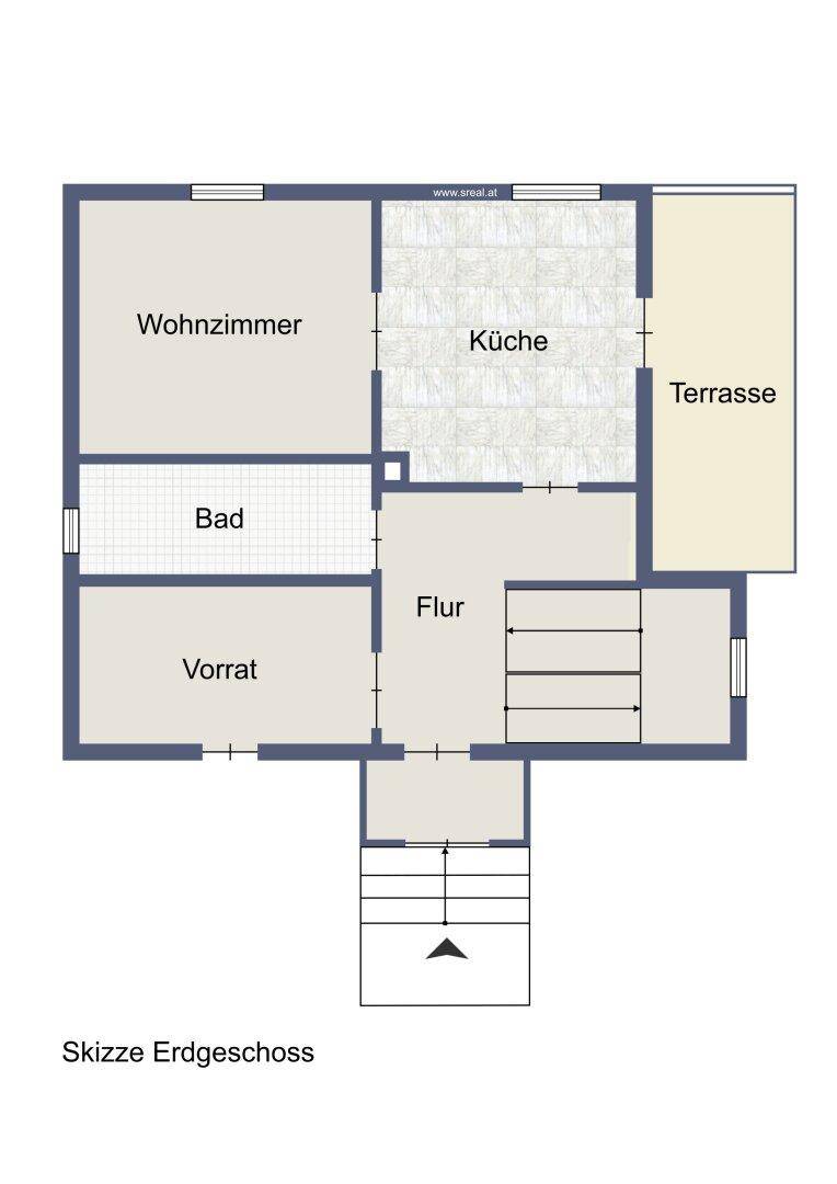 Grundriss des Erdgeschosses mit Wohnzimmer, Küche, Bad und Terrasse.