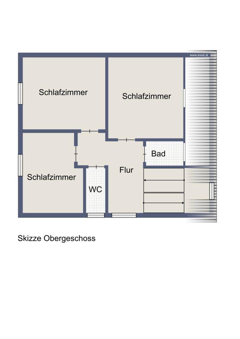 Grundriss des Obergeschosses mit drei Schlafzimmern, Bad und separatem WC.