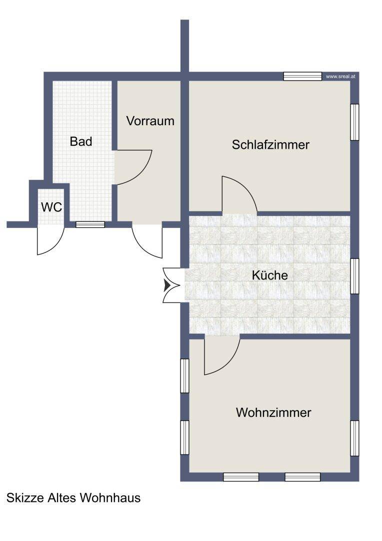 Grundriss des Erdgeschosses mit Schlafzimmer, Wohnzimmer, Küche, Bad und separatem WC.