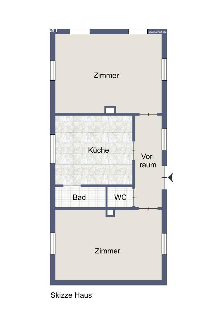 Grundriss des Obergeschosses mit zwei Zimmern, Küche, Bad und WC, funktional aufgeteilt.