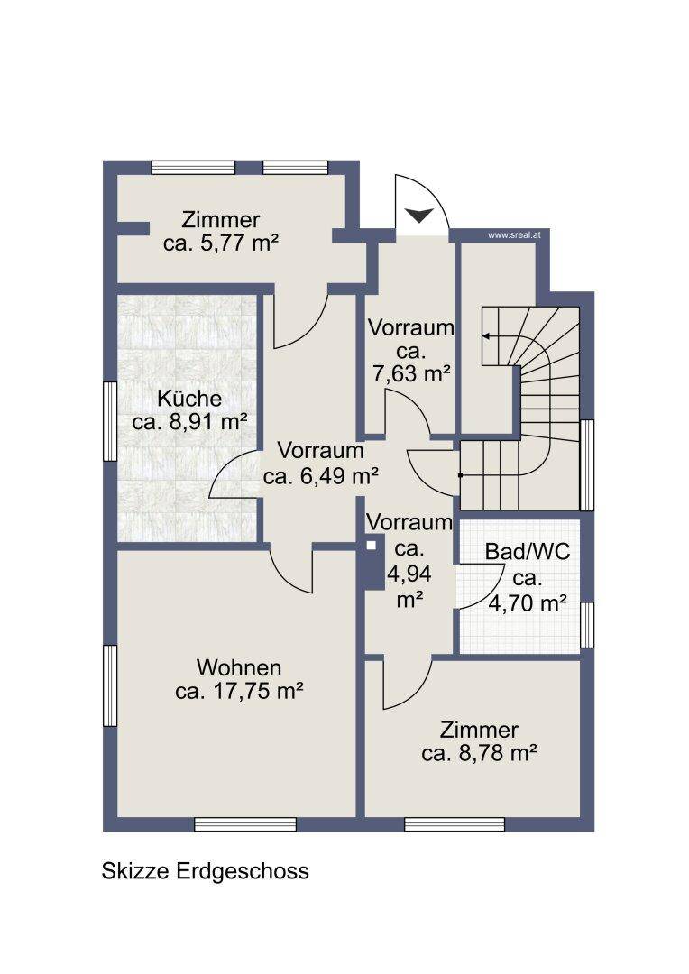 Grundriss-Skizze des Erdgeschosses mit Wohnzimmer, Küche, zwei weiteren Zimmern und Bad/WC.