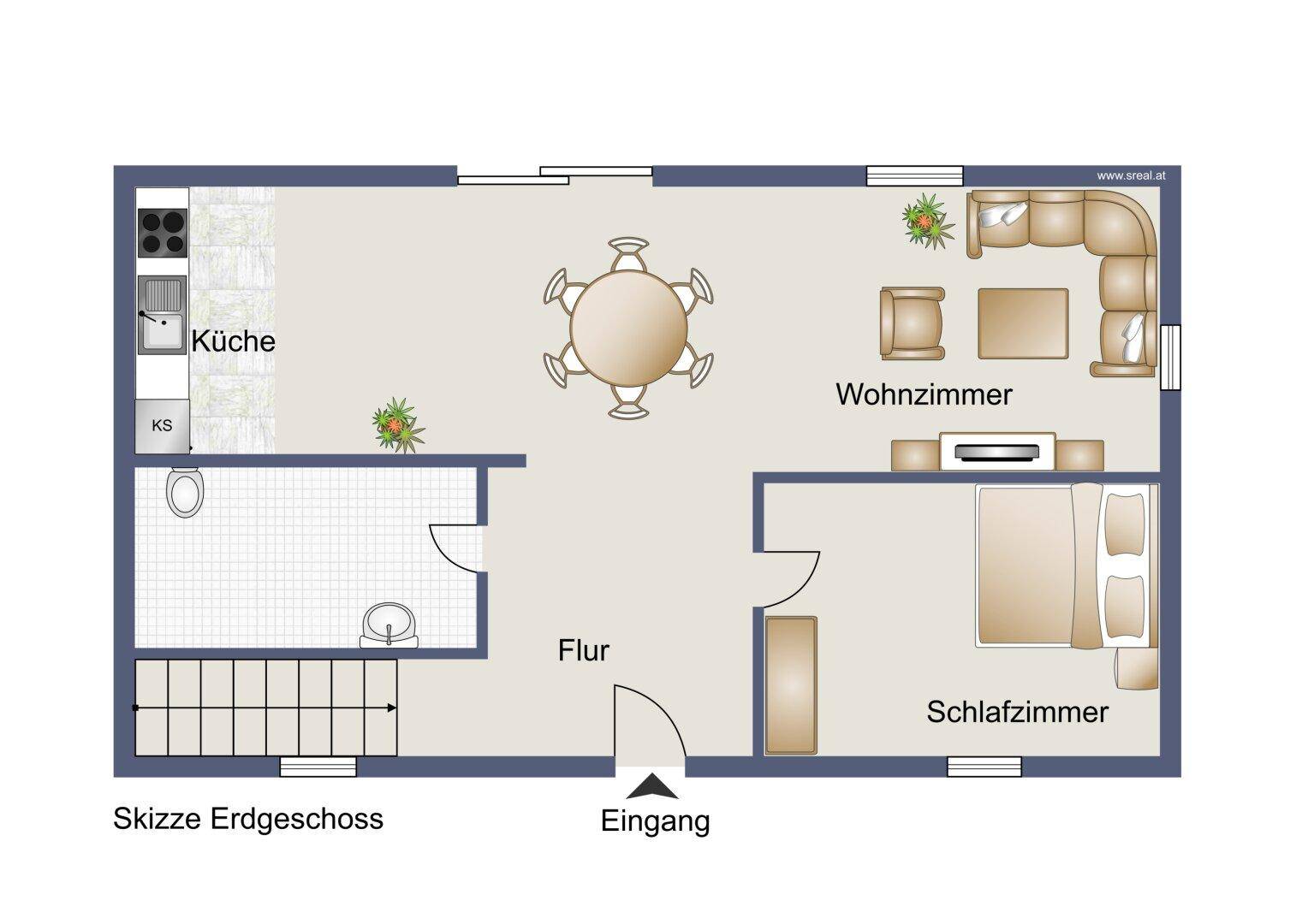 Grundriss des Erdgeschosses mit Küche, Wohnzimmer, Schlafzimmer und Badezimmer.