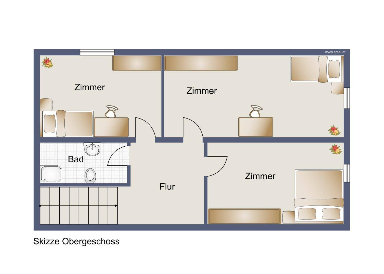 Grundriss des Obergeschosses mit drei Zimmern, Flur und einem Badezimmer.