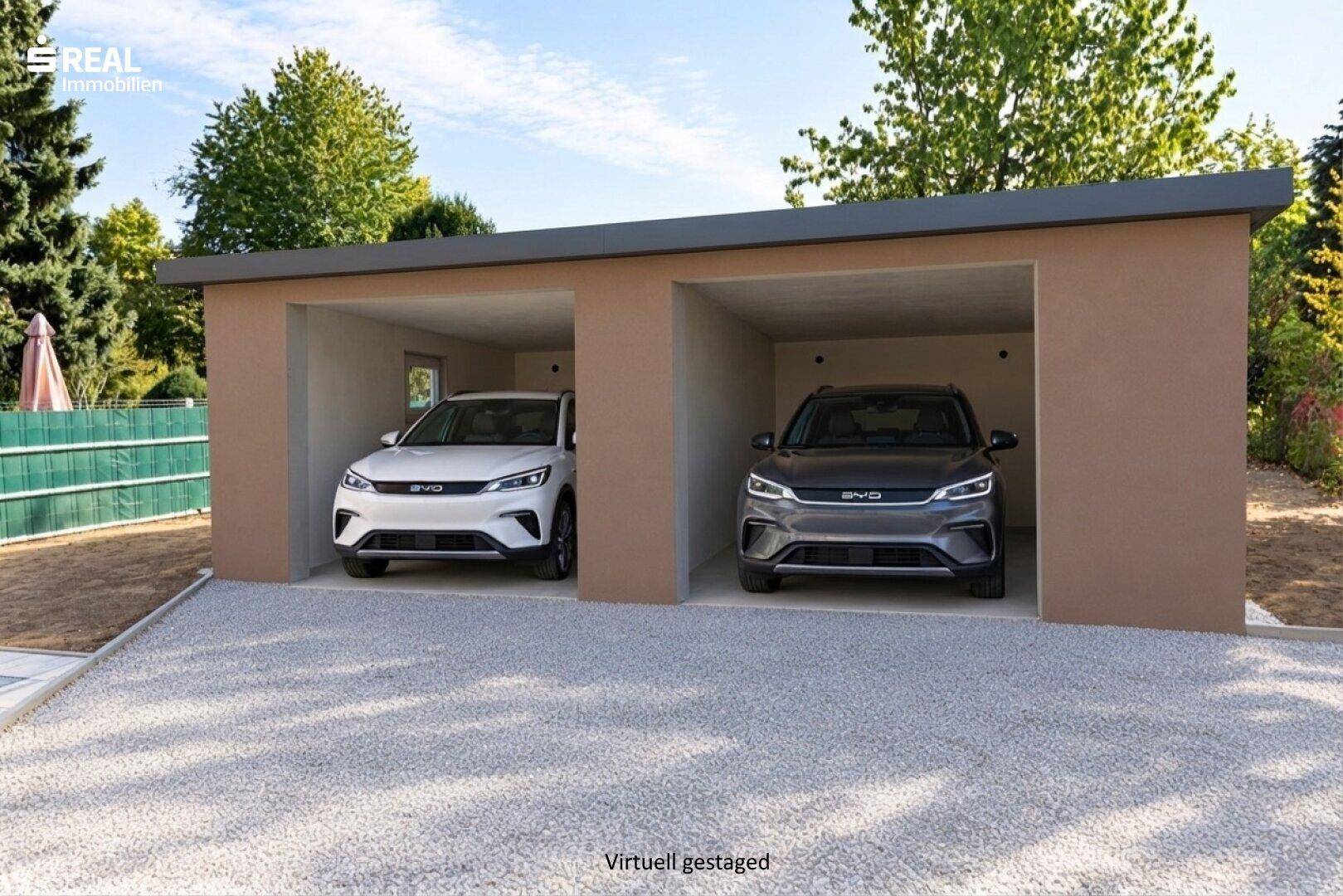 Moderne Doppelgarage mit Flachdach und zwei Stellplätzen, umgeben von Grünflächen.