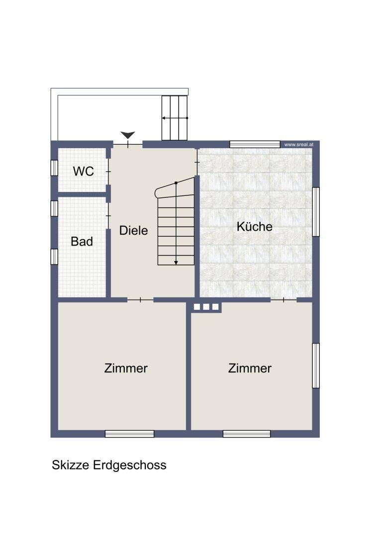 Grundriss des Erdgeschosses mit Küche, Bad, separatem WC und zwei Zimmern.