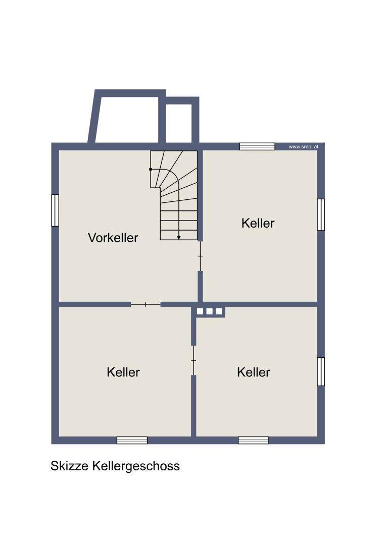 Grundriss des Kellergeschosses mit mehreren Kellerräumen und Treppenzugang.