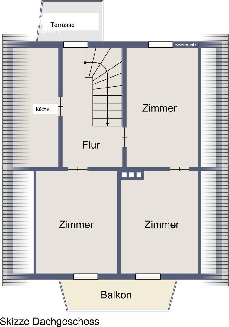 Grundriss des Dachgeschosses mit Balkon, Terrasse, Küche und drei Zimmern.