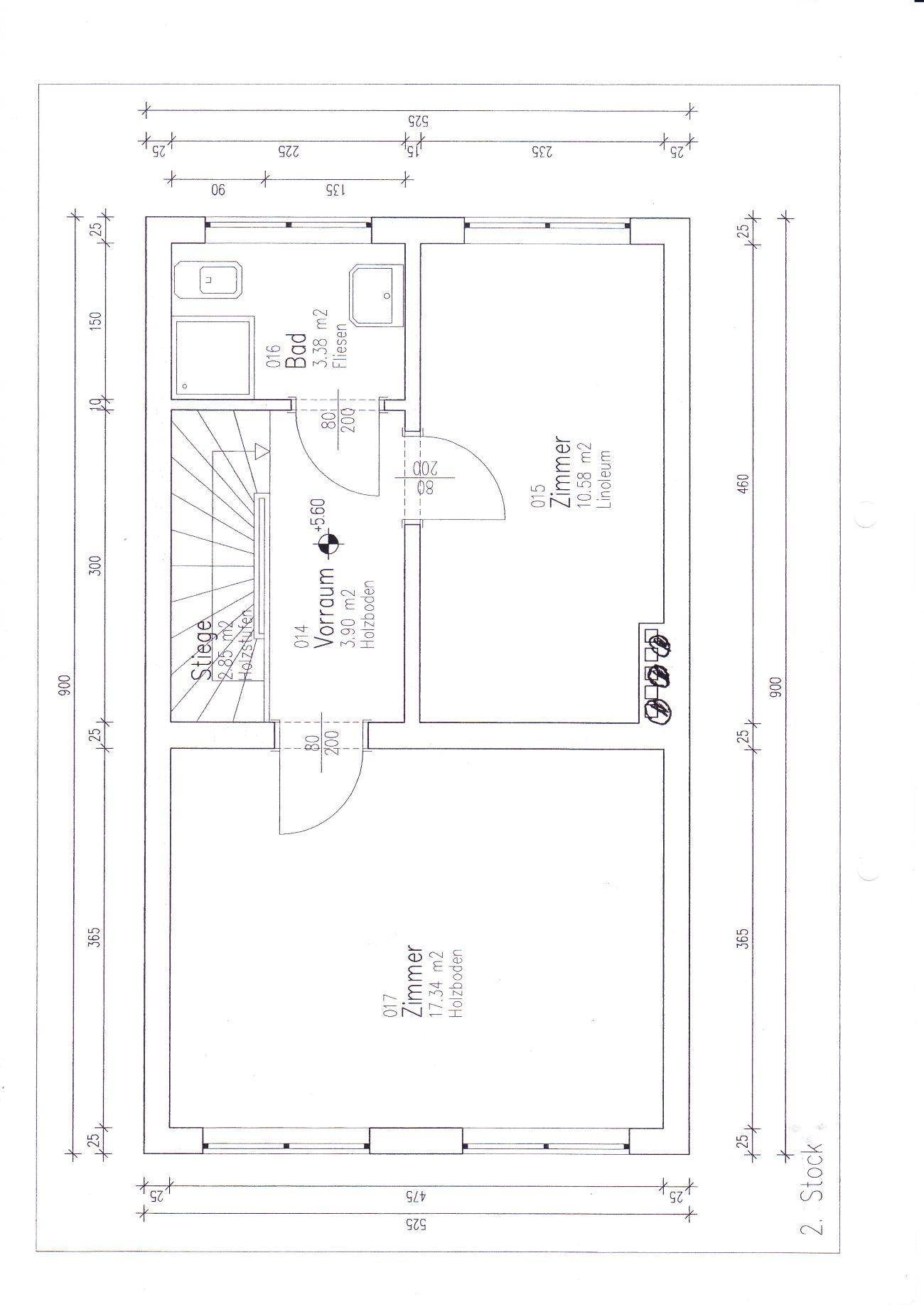 Grundriss des zweiten Stocks mit Schlafzimmer, weiterem Zimmer, Bad und Treppenaufgang.