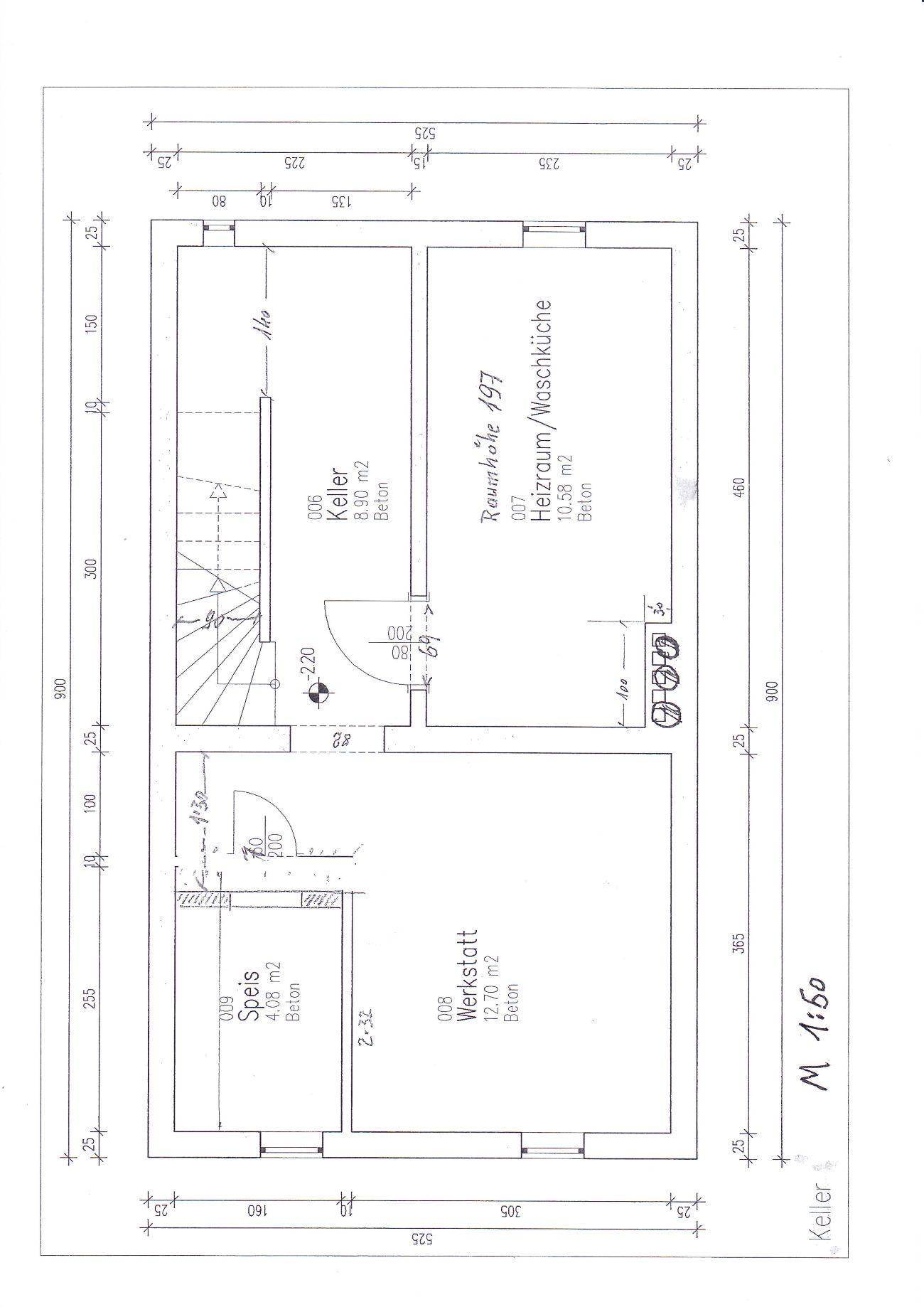 Grundriss des Kellers mit Heizraum, Waschküche, Werkstatt, Speis und Lagerraum.