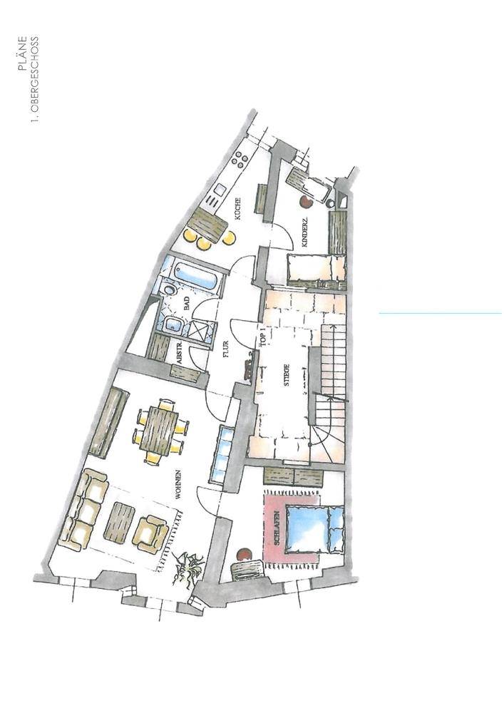 Grundriss des ersten Obergeschosses mit Wohnbereich, Schlafzimmer und Küche.