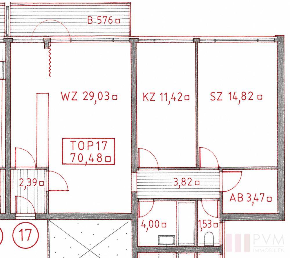 Grundriss der Wohnung TOP 17 mit Wohnzimmer, Kinderzimmer und Schlafzimmer.