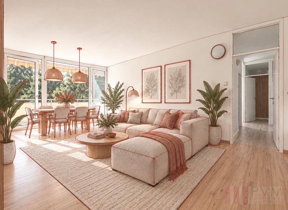 Helles, offenes Wohn- und Esszimmer mit modernem Design, Holzboden und Zugang zum Balkon.