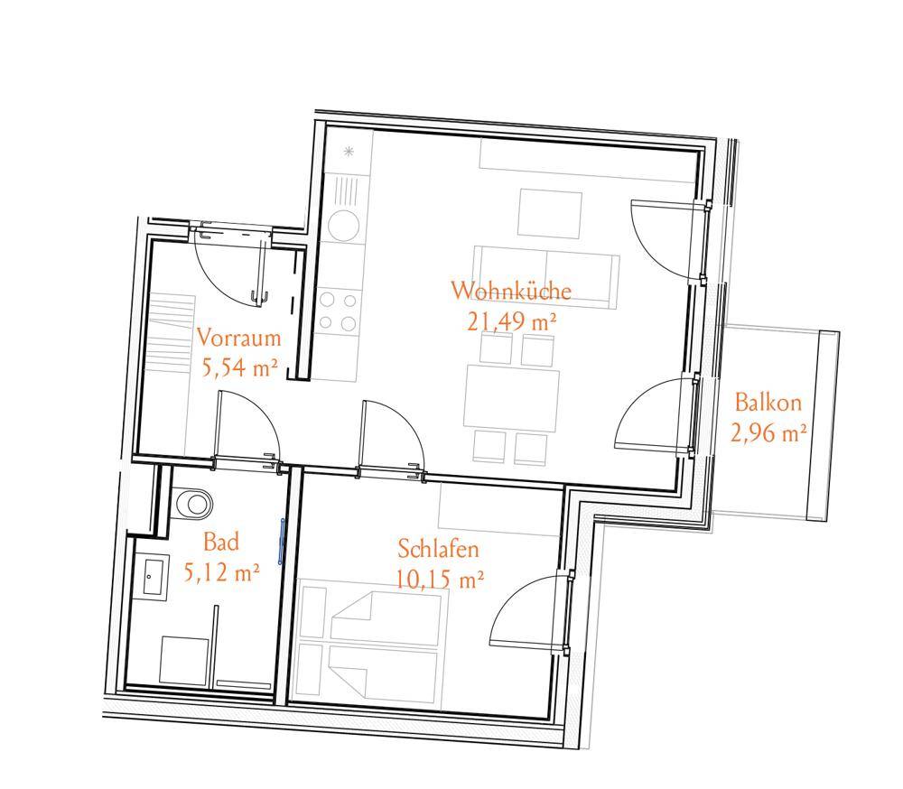 Grundriss einer Wohnung mit Wohnküche, Schlafzimmer, Bad und Balkon.