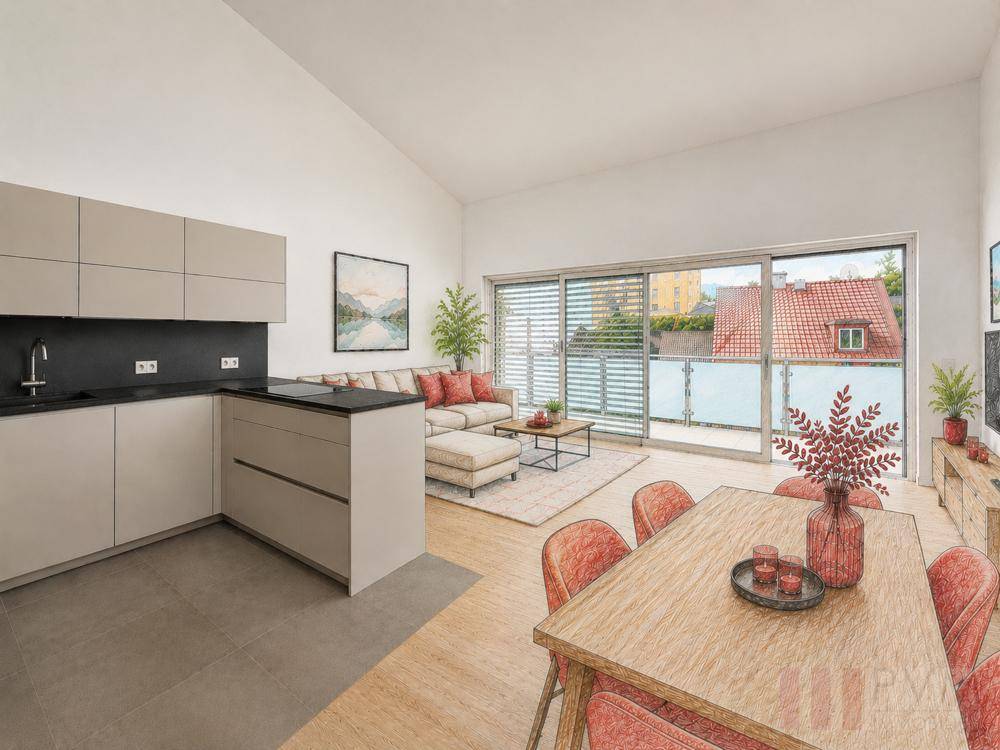 Offener Wohnbereich mit Küche, Essbereich, Dachschräge und Zugang zum Balkon.