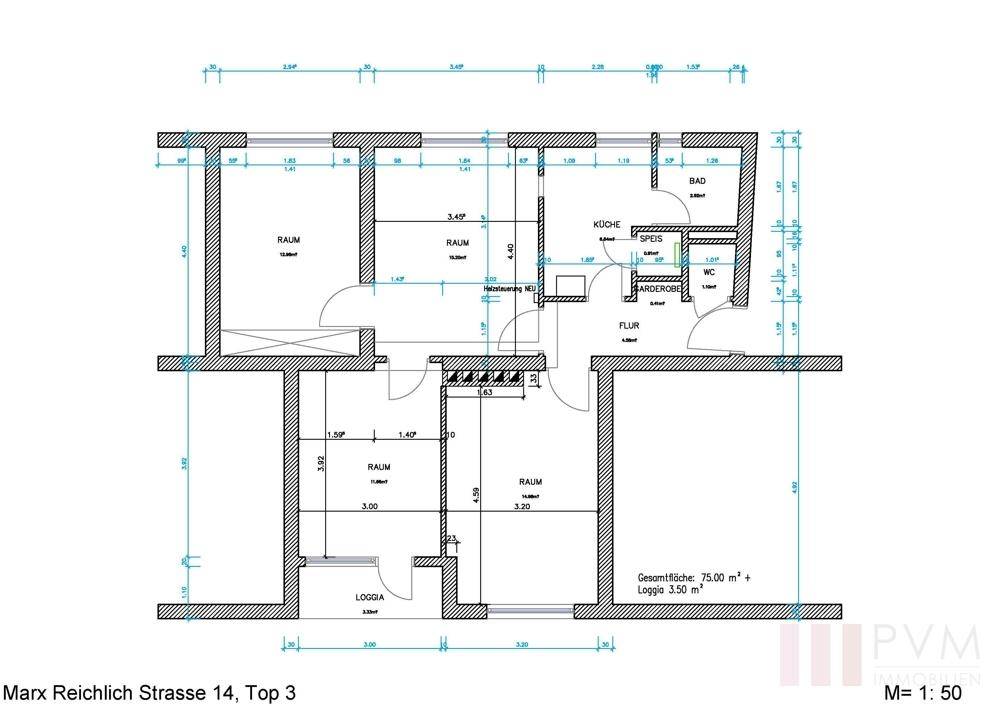 Grundriss der Wohnung mit klarer Raumaufteilung, Loggia und separatem WC.