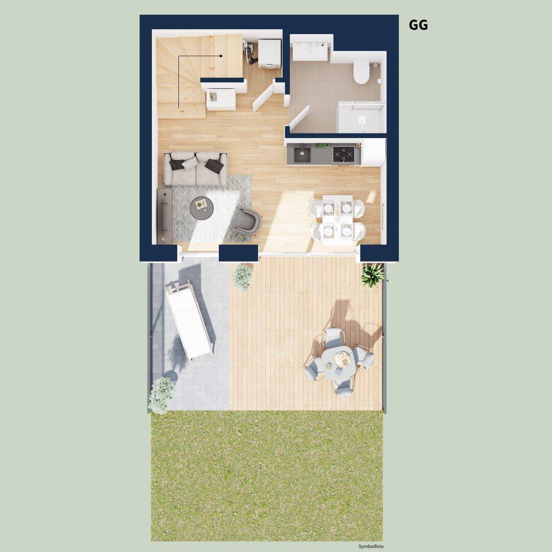 Grundriss der Gartengeschossebene mit offenem Wohnbereich, Küche, Bad, Terrasse und Garten.