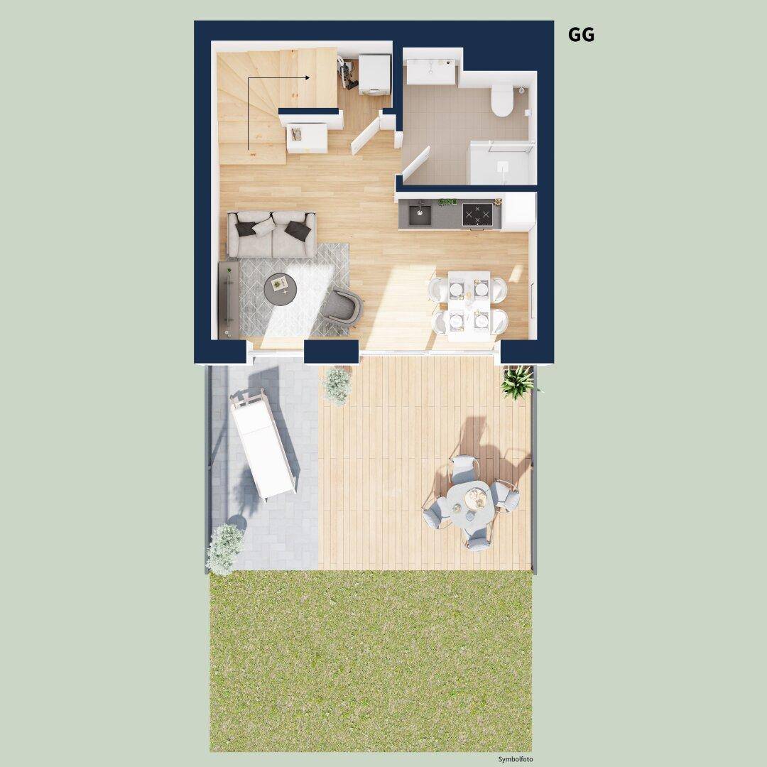 Grundriss der Gartengeschossebene mit offenem Wohnbereich, Küche, Bad, Terrasse und Garten.