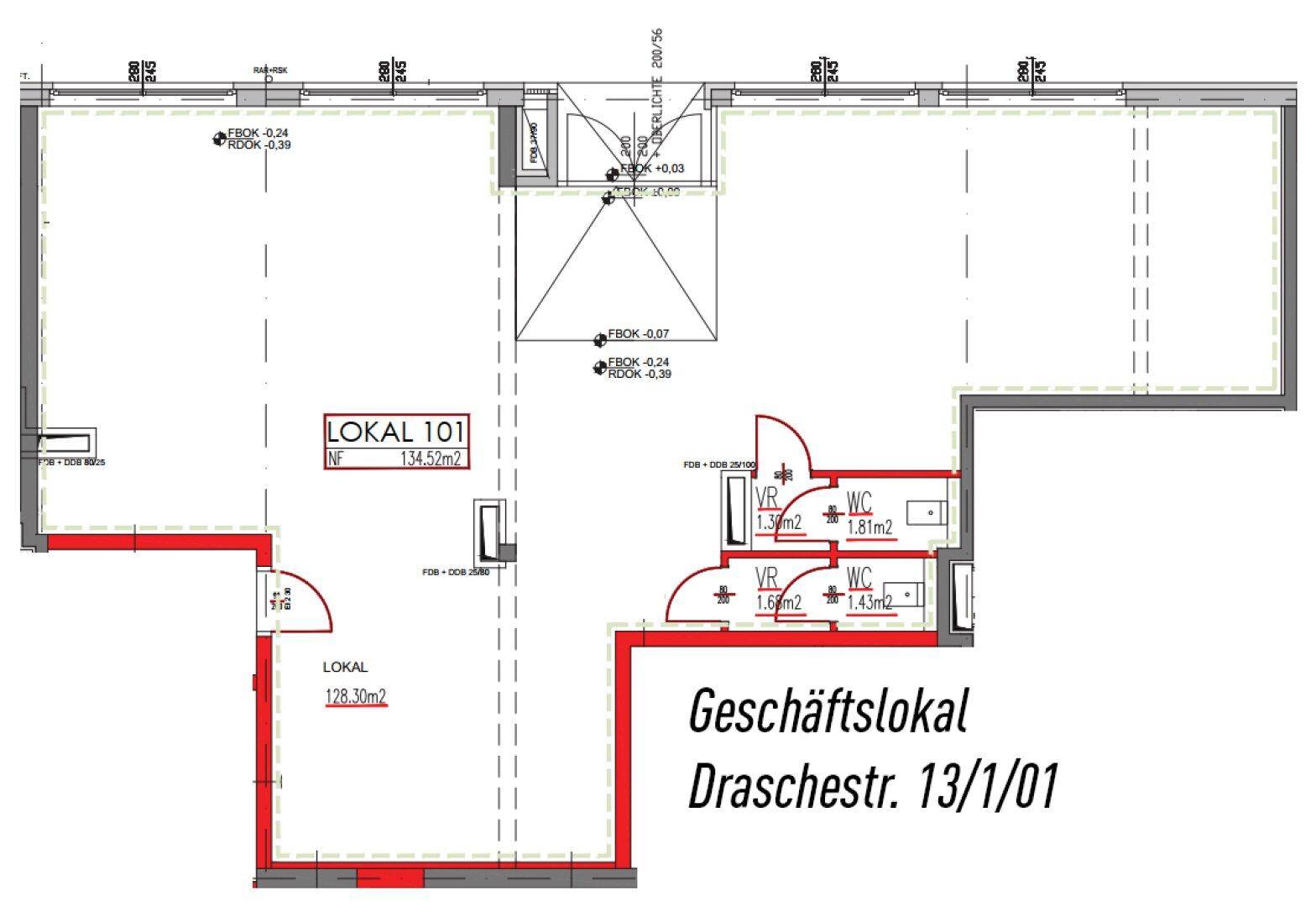 Technischer Grundriss des Geschäftslokals 101 mit zwei WC-Bereichen und Nutzflächenangaben.