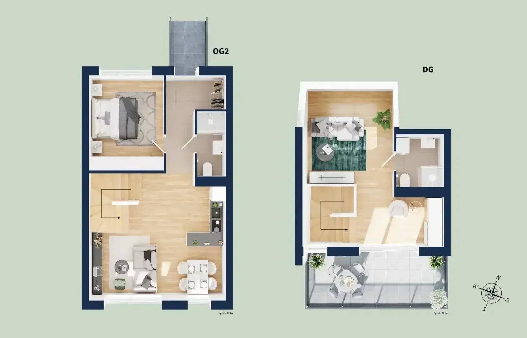 Grundriss einer Maisonette-Wohnung über zwei Ebenen mit offenem Wohnbereich und Terrasse.