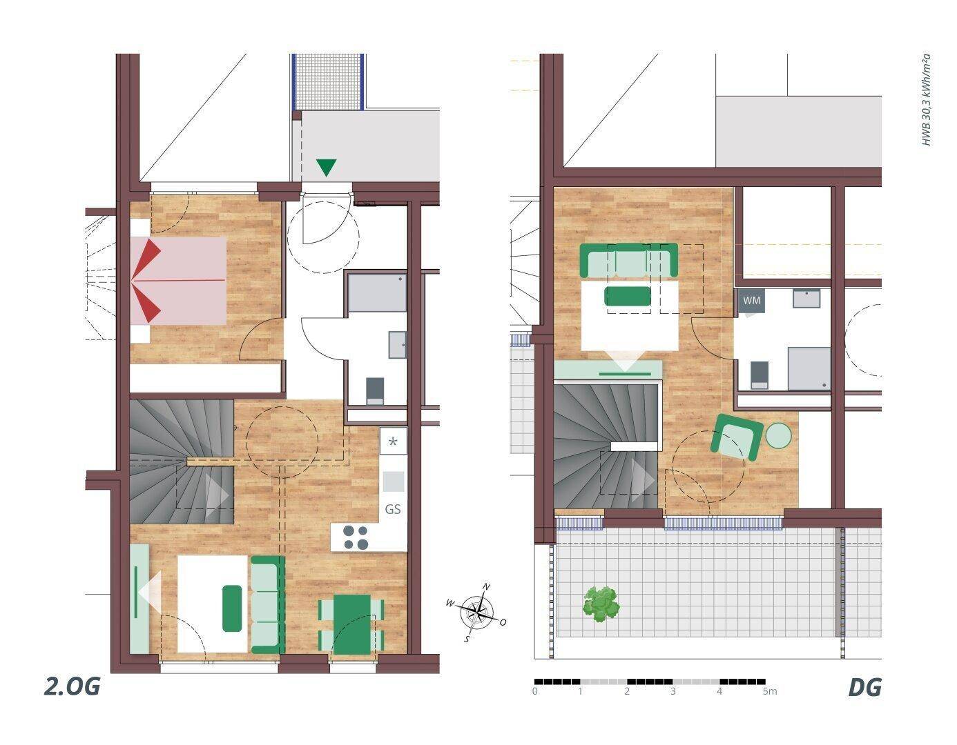 Detaillierter Grundriss mit zwei Etagen, Schlafzimmer, Wohnbereich und Terrasse.