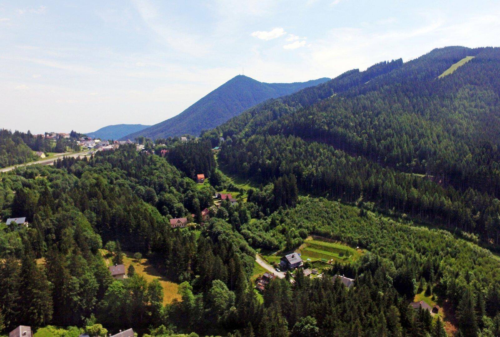 Weitläufige Luftaufnahme eines grünen Tals mit Häusern und bewaldeten Bergen im Hintergrund.