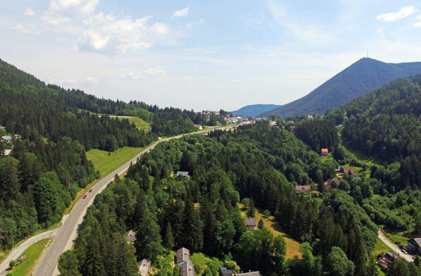Luftaufnahme einer Straße, die sich durch ein bewaldetes Tal schlängelt, umgeben von Bergen.