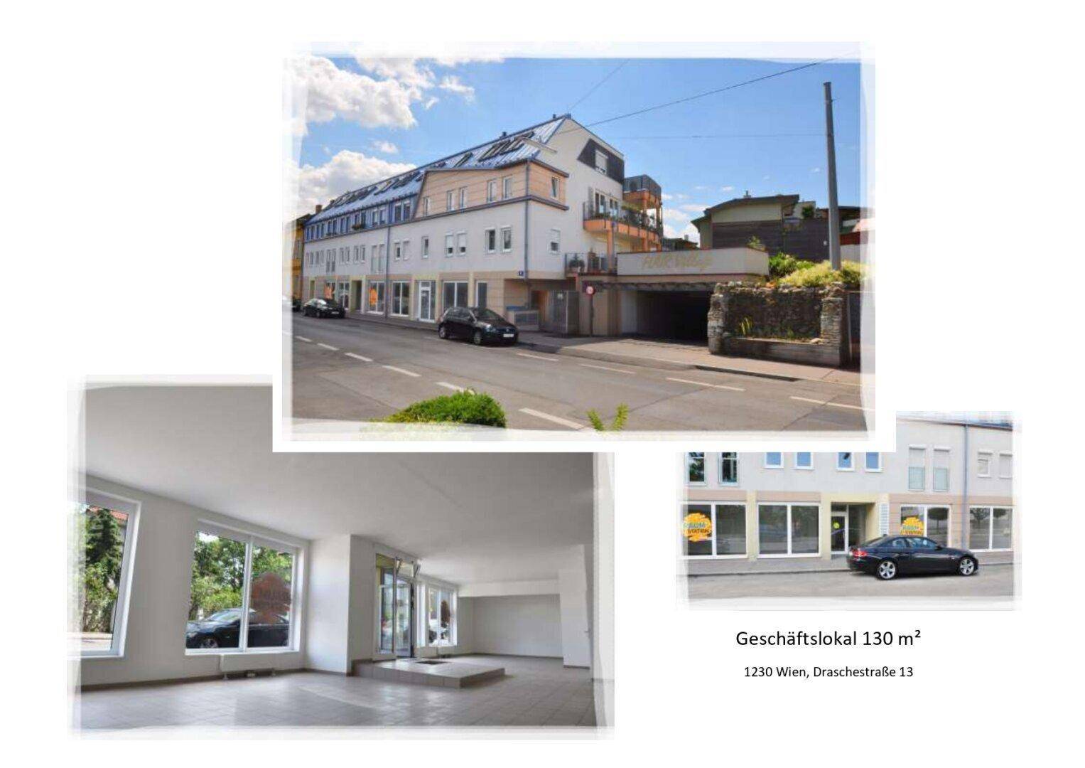 Collage mit Außenansicht des Gebäudes an der Draschestraße und Einblicken in die hellen Geschäftsräume.