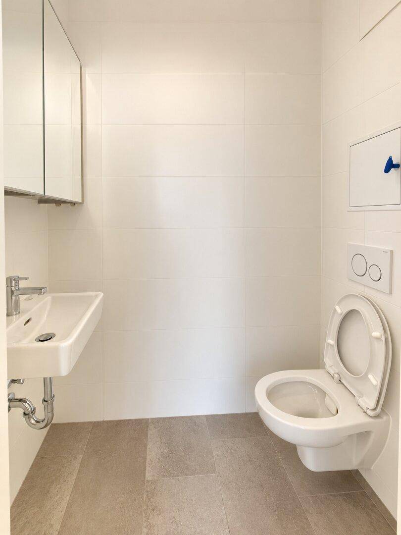 Modernes Gäste-WC mit Wand-WC, Waschbecken und hellen Fliesen.