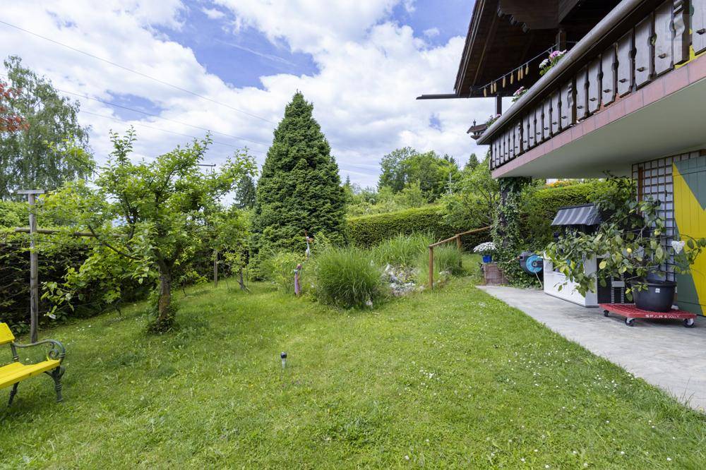 Gepflegter Gartenbereich mit Rasen, Obstbäumen und einer gelben Bank neben dem Haus.
