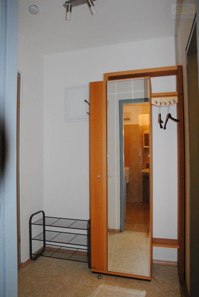 Eingangsbereich mit Garderobe, Schuhregal und großem Spiegel, der einen Blick ins Badezimmer gewährt.