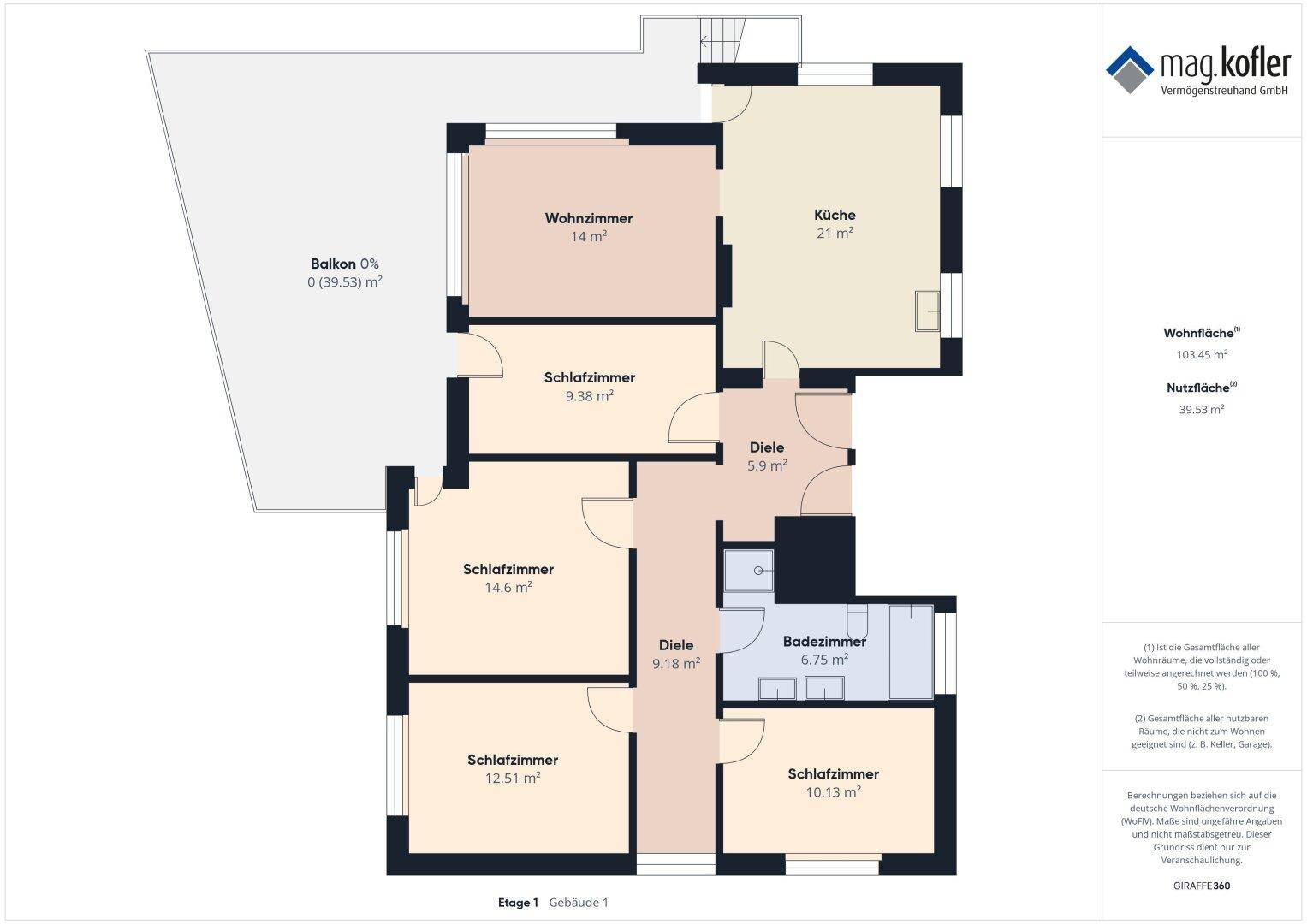 Grundriss der ersten Etage mit Wohnzimmer, Küche und mehreren Schlafzimmern.
