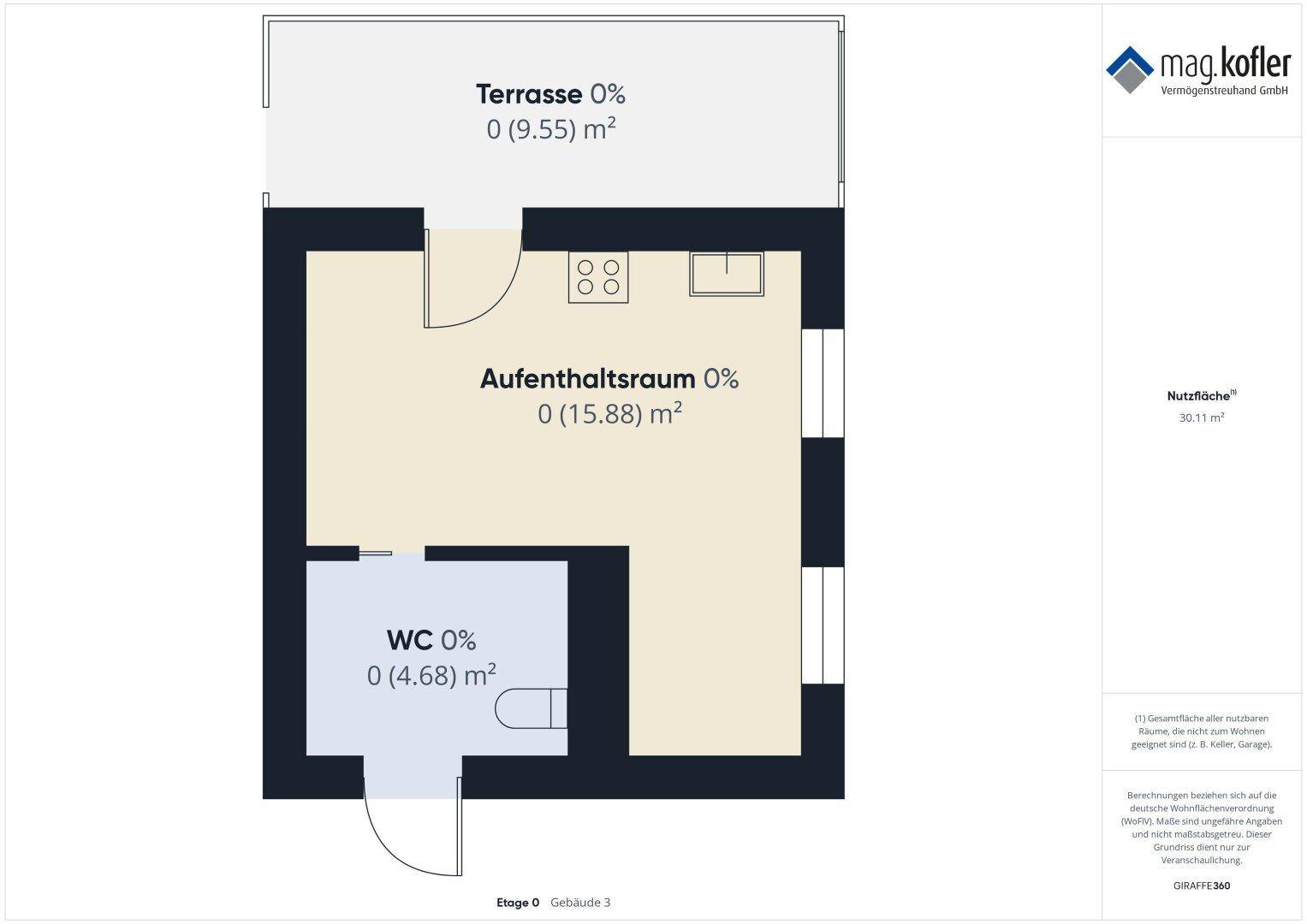 Grundriss eines Aufenthaltsraums mit Terrasse und separatem WC.