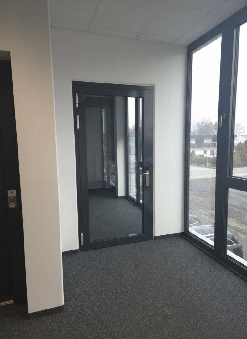 Heller Flur mit Teppichboden und großen Fenstern, die viel Tageslicht hereinlassen.