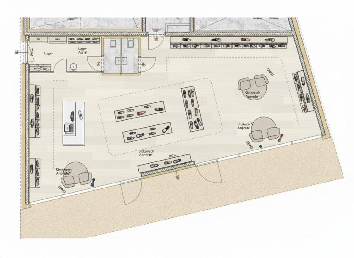 Grundriss einer Ladenfläche, eingerichtet als Schuhgeschäft mit Anprobierbereichen und Lager.