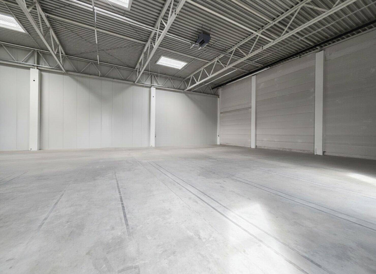 Weitläufige Lagerfläche mit Betonboden und hohen Decken, ideal für verschiedene Geschäftszwecke.