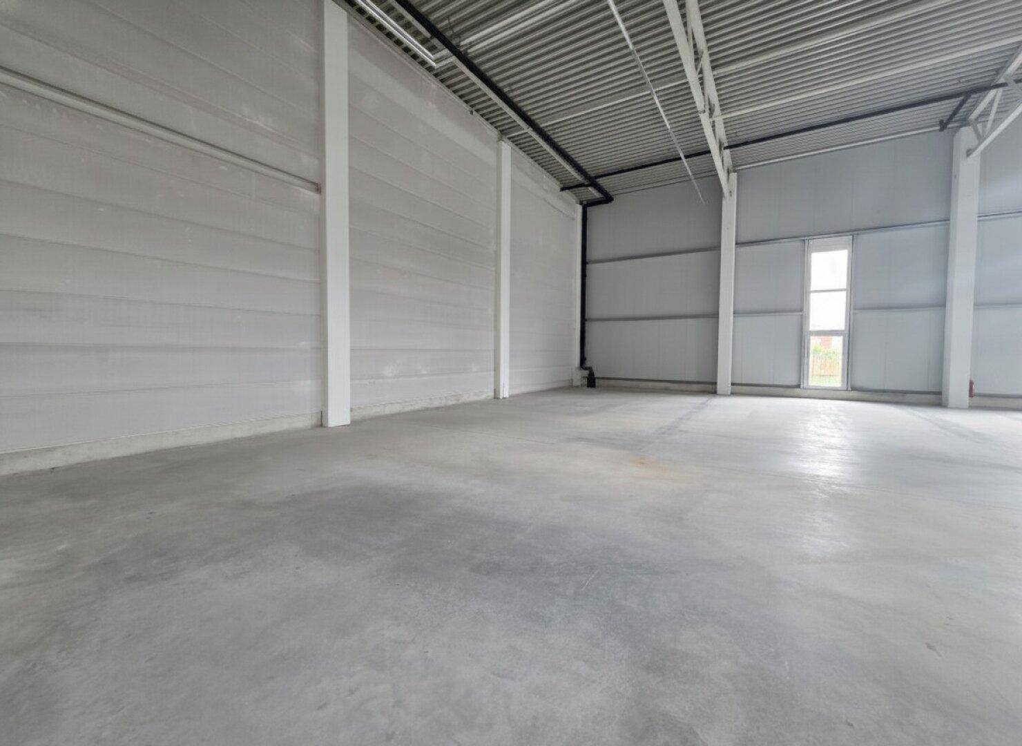 Leere Lagerhalle mit hohen Wänden, Betonboden und einem Fenster, bereit zur Nutzung.