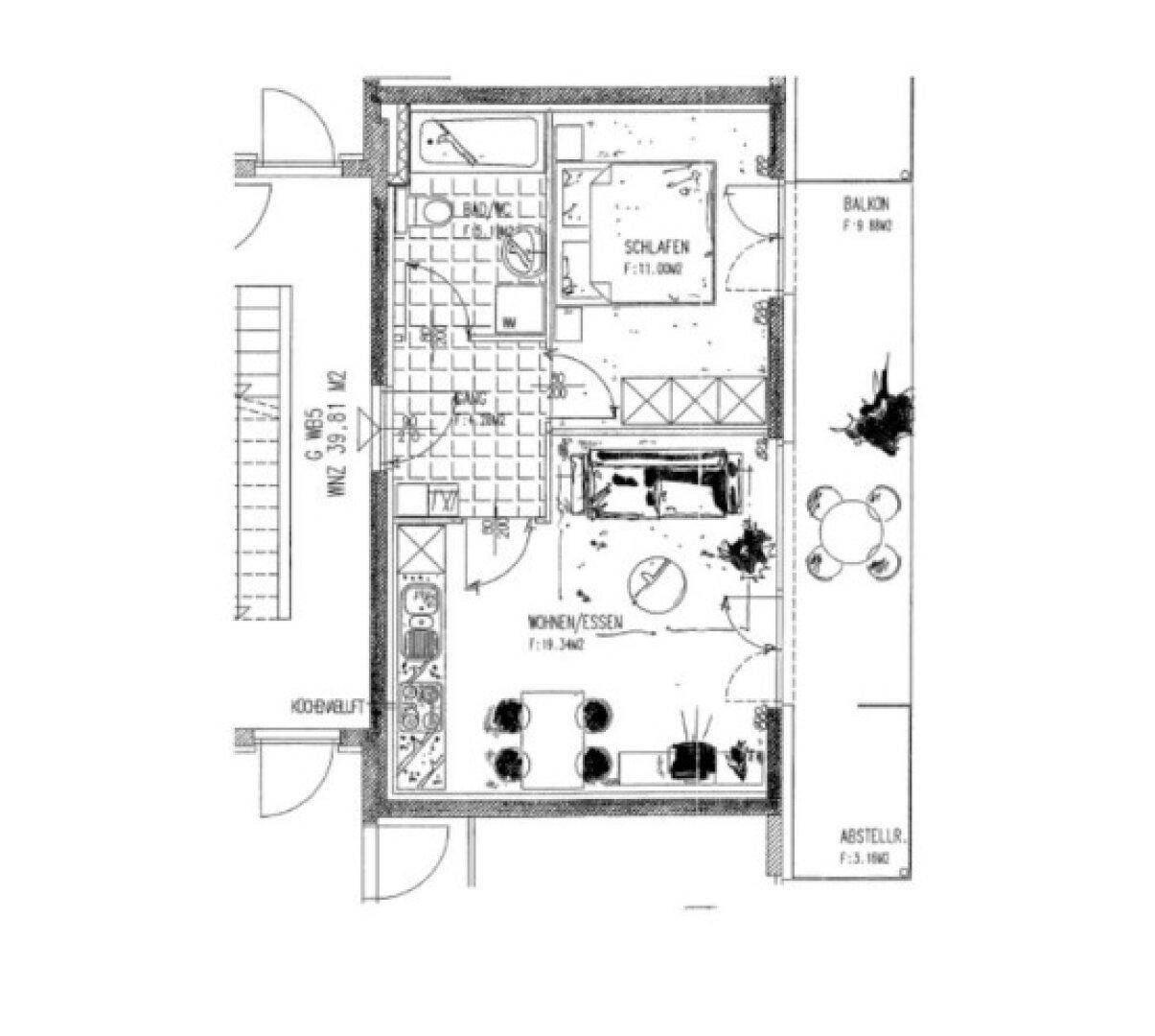 Grundriss einer Wohnung mit offenem Wohn-/Essbereich, Schlafzimmer und Balkon.