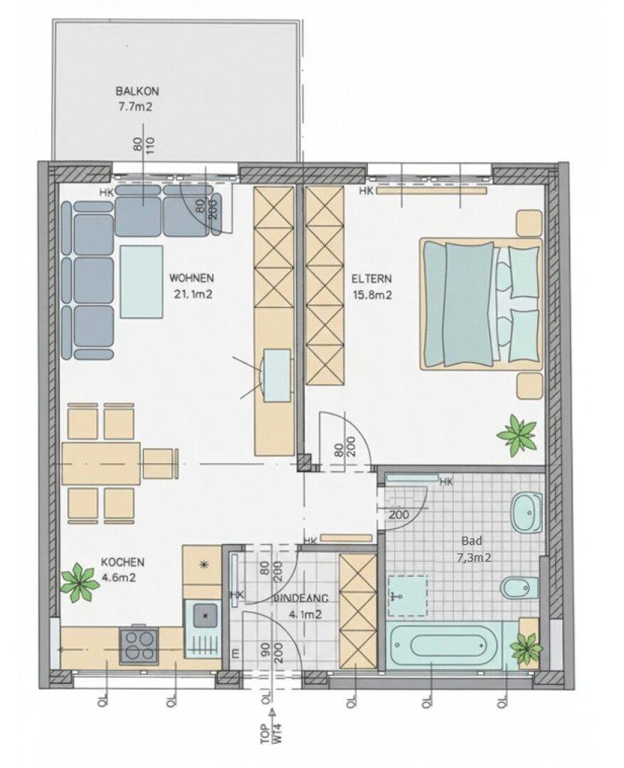 Detaillierter Grundriss einer Wohnung mit Balkon, Wohnbereich, Küche und Schlafzimmer.
