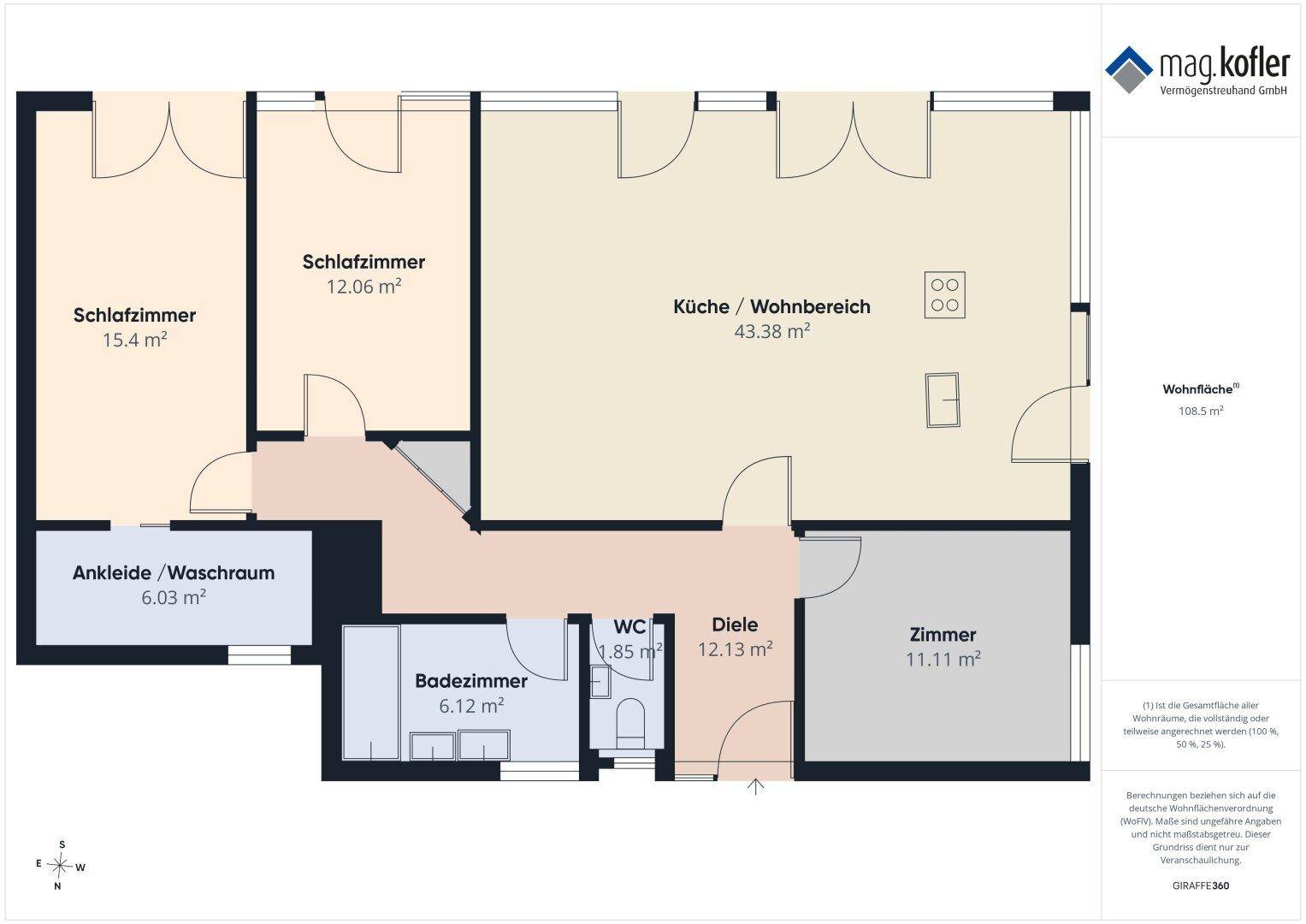 Grundrissplan einer Wohnung mit drei Schlafzimmern, offenem Wohnbereich und separatem Ankleide-/Waschraum.